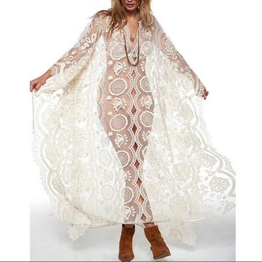 Boho Lace Cover Up Maxi Kaftan Kimono, Soft Lace Beach Bunny Coverup Kaftan